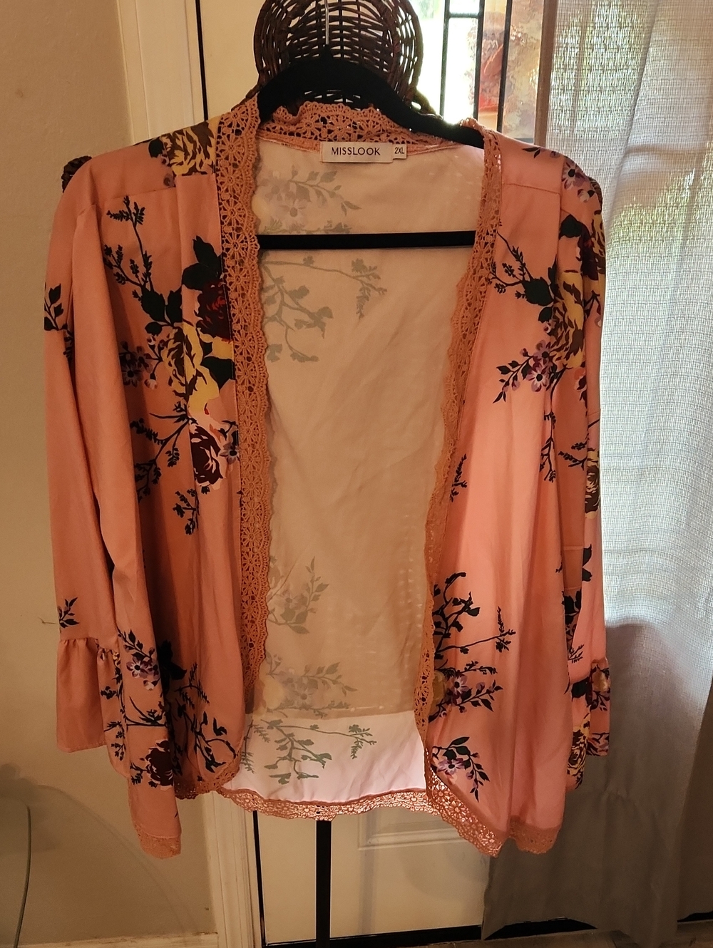 MISSLOOK Peach Pink Floral Lace-Trim Cardigan
